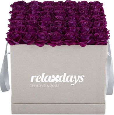 Relaxdays Rosenbox eckig, 49 Rosen lila Flowerbox grau