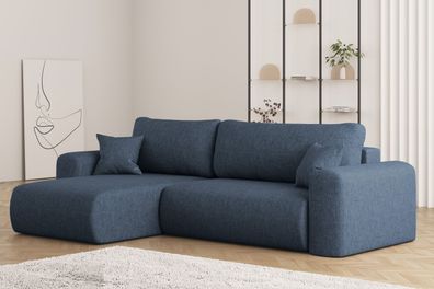 Ecksofa mit Schlaffunktion und Stauraum für Bettzeug, Capri Stoff Neve Links Blau