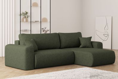 Ecksofa mit Schlaffunktion und Stauraum für Bettzeug, Capri Stoff Neve Rechts Olive