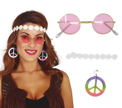 Hippie Set 4tlg. Stirnband Brille Peace Ohrringe Kostüm Hippie Karneval Fasching