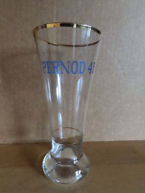 Schnapsglas hoch Goldrand Goldfarbener Eichstrich blaue Aufschrift Pernod 45