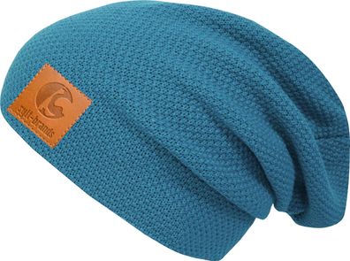 Sylt Brands Long Beanie Mütze in Baltikblau mit Lederpatch (EU Produktion) - Exklusiv