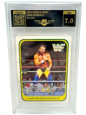 JAKE Roberts NM 7 WWF WWE Merlin Card 1991 AP graded no PSA INKgrafix Toys A241