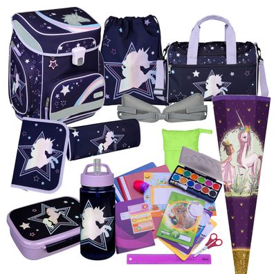 Scooli Schulranzen Dreamland 23-teiliges Set Einhorn-Tasche Hüftgurt Deckfarbkasten