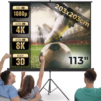 Jago® Beamer Leinwand 1:1 4:3 16:9 203x203cm 113" Rolloleinwand Heimkino Stativ