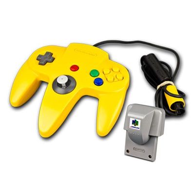 N64 Controller unausgeleiert in Gelb + Rumble Pak