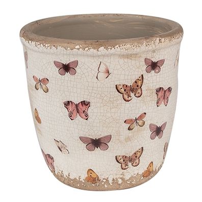 Clayre & Eef Blumentopf Ø 15x14 cm Beige Rosa Keramik Schmetterlinge (Gr. Ø 15x14 cm)