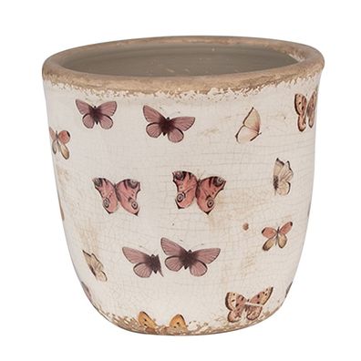 Clayre & Eef Blumentopf Ø 13x12 cm Beige Rosa Keramik Schmetterlinge (Gr. Ø 13x12 cm)
