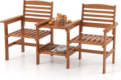 Gartenbank mit Beistelltisch & Schirmloch, 2-Sitzer Akazienholz Gartenmöbel Set