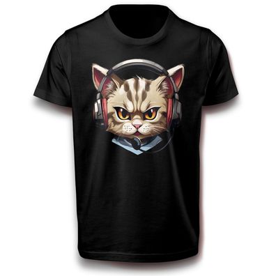 Katze mit Kopfhörer Dj Musik T-Shirt 122 - 3XL Baumwolle Haustier Hauskatze Kater Fun