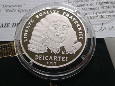 Original 500 Francs 1991 PP Frankreich Platin Rene Descartes 20g Platin 9995er