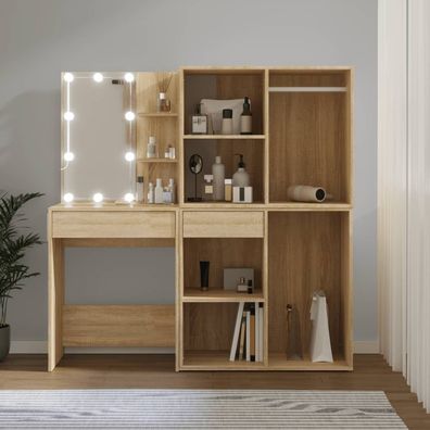 vidaXL LED-Schminktisch mit 2 Schränken Sonoma-Eiche Holzwerkstoff