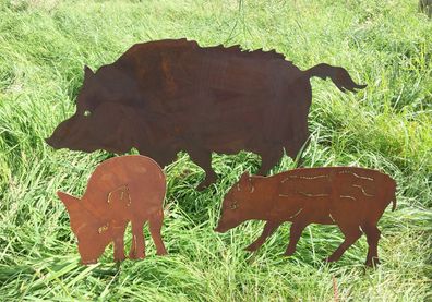 Frischlinge 30cm und/ oder Wildschwein 100x50cm Familie Gartenstecker Edelrost