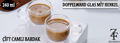 2er Set Doppelwand Glas mit Henkel für Kaffee Tee Gläser-Set 240 ml transparent