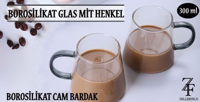 2er Set Borosilikat Glas mit Henkel 300 ml Cam Bardagi für Kaffee & Tee transparent
