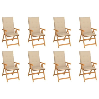 vidaXL Verstellbare Gartenstühle mit Auflagen 8 Stk. Massivholz Teak