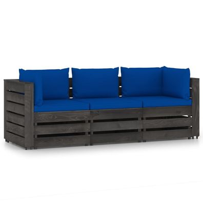 vidaXL 3-Sitzer Outdoor-Sofa mit Kissen Grau Imprägniertes Kiefernholz