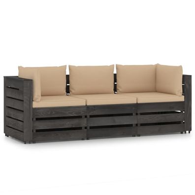 vidaXL 3-Sitzer Outdoor-Sofa mit Kissen Grau Imprägniertes Kiefernholz