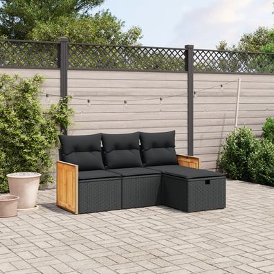 vidaXL 4-tlg. Garten-Sofagarnitur mit Kissen Schwarz Poly Rattan