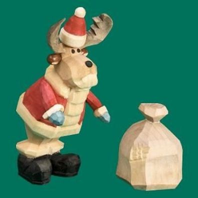 Holzfigur Elch Weihnachtsmann mit Geschenkesack geschnitzt Höhe 9cm NEU