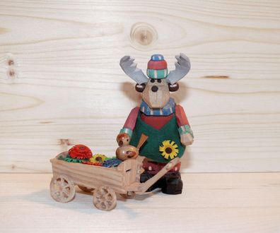 Holzfigur Elch Gärtner mit Handwagen Höhe 9cm NEU Figuren Schnitzen Holz Wald