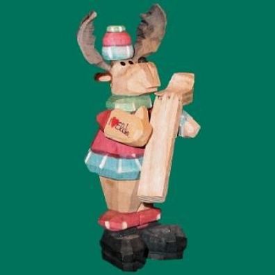 Holzfigur Elch Skiunfall geschnitzt Höhe 9cm NEU Figuren Schnitzen Holz Wald