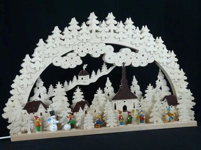 Schwibbogen mit Seiffener Kirche Winterkinder und Beleuchtung BxHxT 70x45x7cm