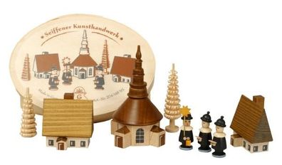 Miniaturfigur Spanschachtel mit Dorf Seiffen und Kurrende (3) natur LxBxH 10x5x8c