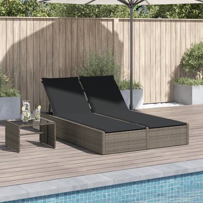 vidaXL Doppel-Sonnenliege mit Kissen Grau Poly Rattan