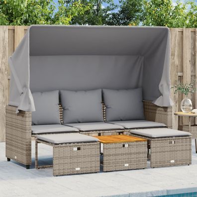 vidaXL Outdoor-Sofa 3-Sitzer mit Dach und Hockern Grau Poly Rattan