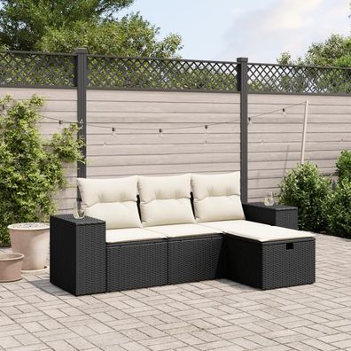 vidaXL 4-tlg. Garten-Sofagarnitur mit Kissen Schwarz Poly Rattan