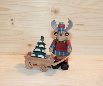 Holzfigur Elch mit Handwagen geschnitzt Höhe 9cm NEU Figuren Schnitzen Holz Wald