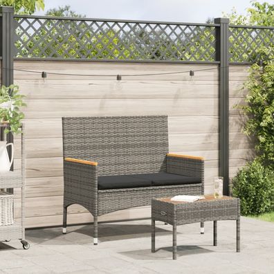 vidaXL Gartenbank 2-Sitzer mit Kissen und Tisch Grau Poly Rattan