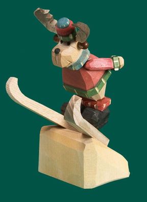 Holzfigur Elch Skispringer geschnitzt Höhe 9cm NEU Figuren Schnitzen Holz Wald