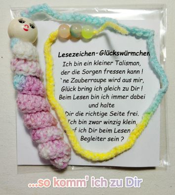 Lesezeichen-Glücks-oder Sorgenwürmchen mit Spruch WEIß-ROSE` in Geschenkverpackung