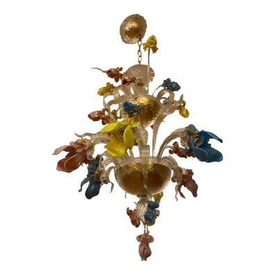 1970s Italian Style Murano Glass Multicolors With Flowers Chandelier by SimoEng