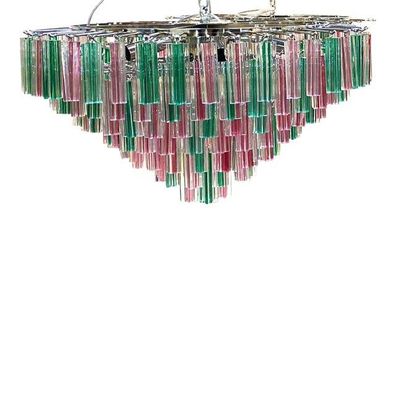 1970s Italian Vintage Green and Pink "Quadriedro" Murano Glass Chandelier by SimoEng