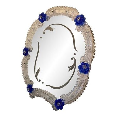 Contemporary Venetian Table Mirror With Transparent & Blue Leave & Flowers by SimoEng