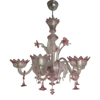 Transparent and Pink Murano Style Glass Chandelier With Flowers and Leaves by SimoEng