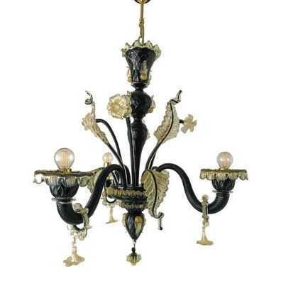 Venetian Black and Gold Murano Style Glass Chandelier With Flowers and Leaves