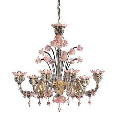 Early 21st Century Venetian Gold and Pink Floral Murano Glass Chandelier by SimoEng