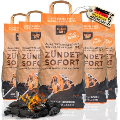 15kg Glühgut® 2-in-1 Qualitätsholzkohle Holzkohle Grill Kamado Buche Eiche