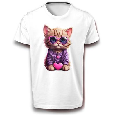 Mode Kätzchen Stilvoll Chic Katze mit Sonnenbrille Cat Kater Süß Fun Haustier T-Shirt