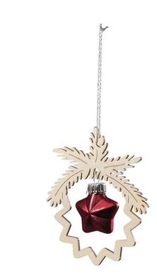 Baumbehang aus Holz mit Glasstern Holz natur, las rot Ø 8,5cm Christbaumschmuck