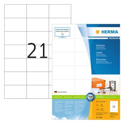 HERMA Etiketten Premium Permanent Haftend A4 70x42,3 mm 100 Blätter