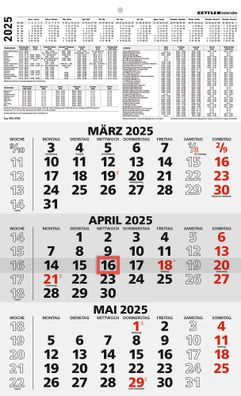 Kalender 2025 -3-Monatskalender schwarz/rot 2025- 30 x 48,8cm