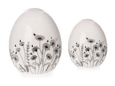 2x Osterei schwarz weiß Blumen Motiv | Figur Ei Osterdeko Ostern | 8,5-11,5 cm