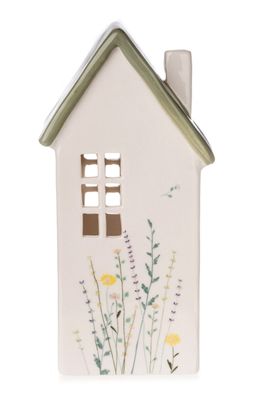 Windlicht Haus Blumenwiese grün gelb | Keramik Teelichthalter Dekohaus 11x21,5cm