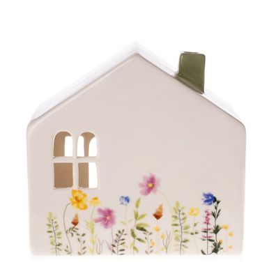 Windlicht Haus Blumenwiese bunt | Keramik Teelichthalter Dekohaus | 14x13 cm