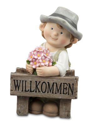 Dekofigur Junge Willkommen | Dekofigur Figur Gartenfigur Gartendeko | 22x18 cm